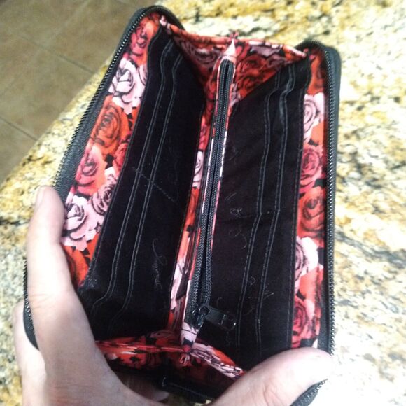 Vera Bradley Zip Around Wallet Havana Dots Floral Black Red/Pink - Picture 4 of 10